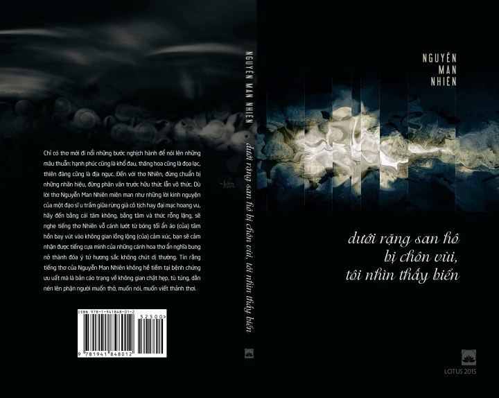 Bìa tác phẩm thơ "Dưới Rặng San Hô, Tôi Nhìn Thấy Biển" cuả nhà thơ Nguyễn Man Nhiên, Lotus xuất bản lần thứ nhất tại Hoa Kỳ, 2015 - (hình: Uyên Nguyên)